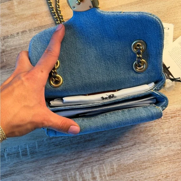 Coach Denim Quilted Shoulder Bag with Gold Chain - Picture 3 of 6